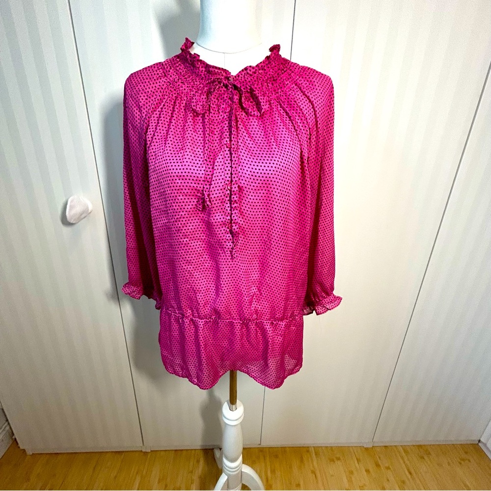 Ann Taylor Loft pink with black dots ruffle collar neck tie Size M